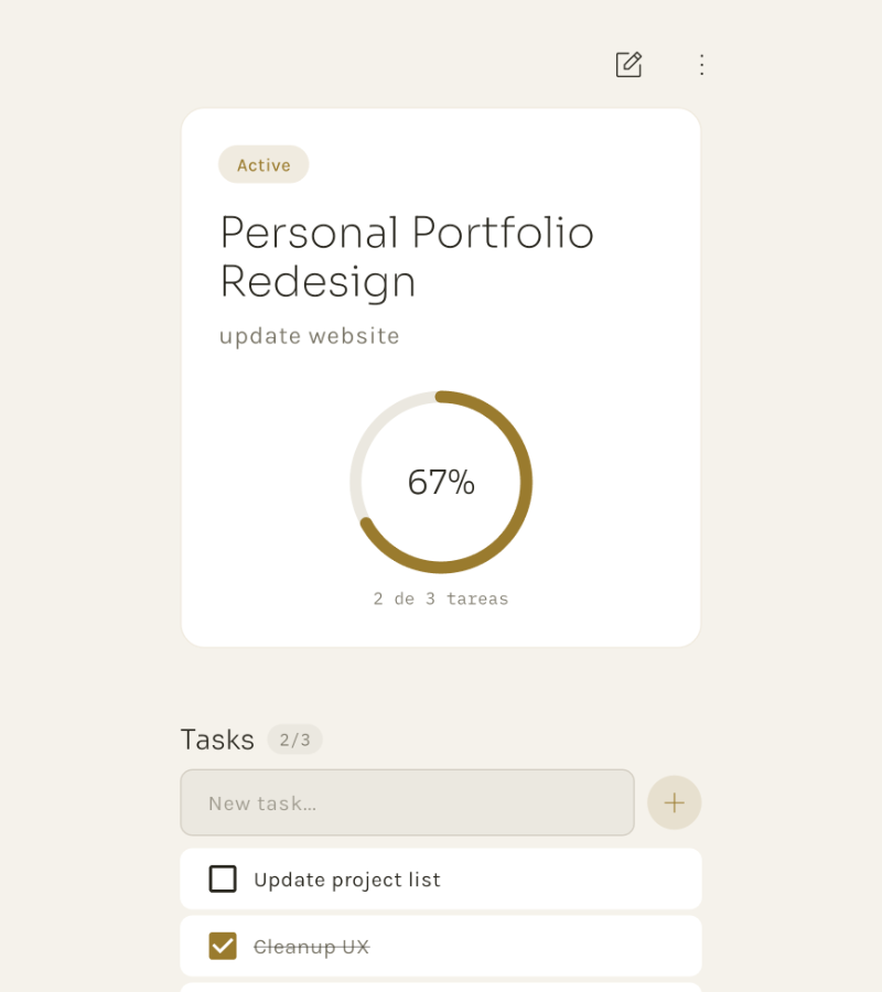 Interfaz de la app Monotask mostrando un proyecto activo