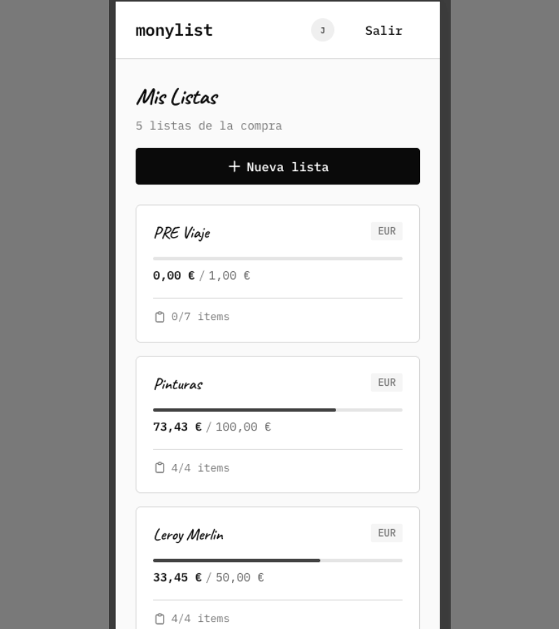 Interfaz de Monylist mostrando una lista de compras compartida