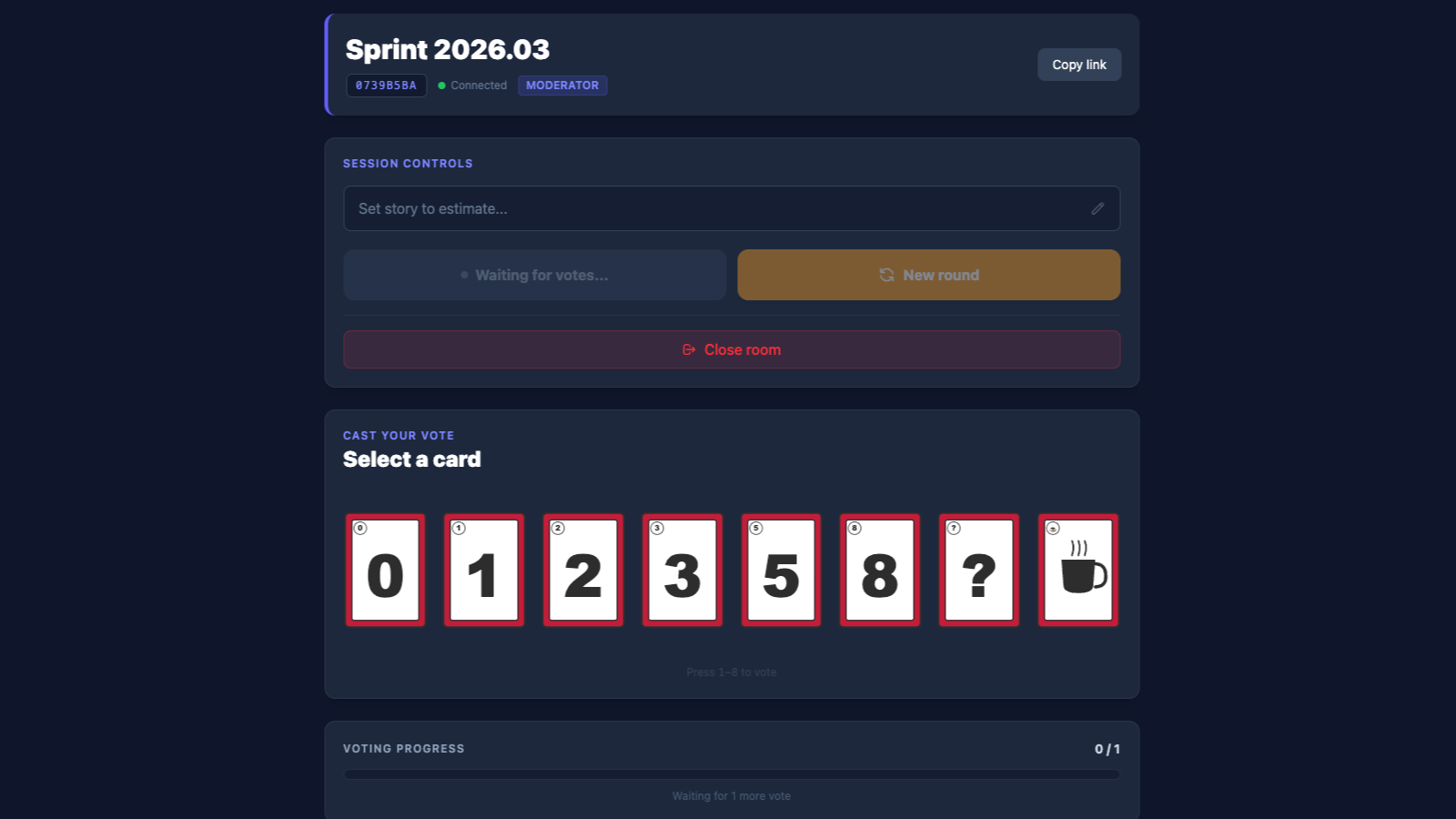 Interfaz de Planning Poker con tarjetas de estimación